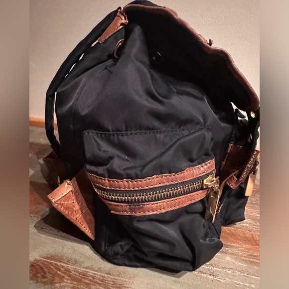 Tory Burch backpack black nylon brown leather multiple zipper and open pockets main image 9